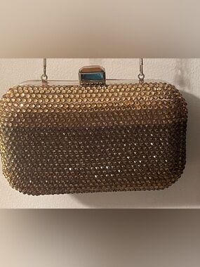 Crystal-Embellished Gold Evening Clutch